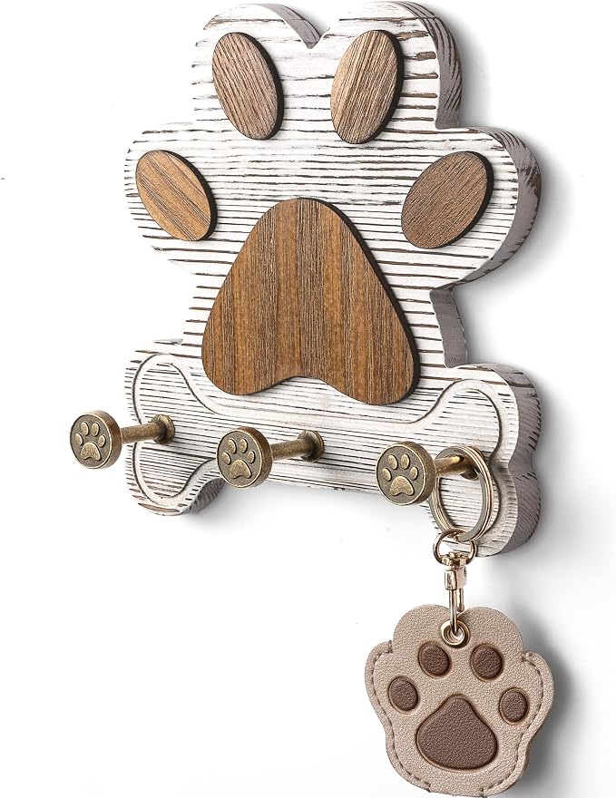 MTERSN Pine Wood Dog Leash Holder for Wall - Dog Lover Gift, White | 3 Wall Hook, Unique Dog Paw Shape, 3D Dog Leash Hooks for Keys, Rustic Accent for a Cute Dog Corner, Apartment Wall Decor