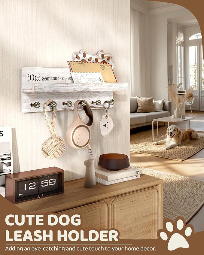 MTERSN Dog Leash Holder for Wall with Shelf for Dog Food & Leash, White | 3D Dog Paw Six Hooks, Adorable Key Rack, Wooden Wall Organizer with Shelf, Pet Leash Storage, Cute Home Accent for Wall Decor