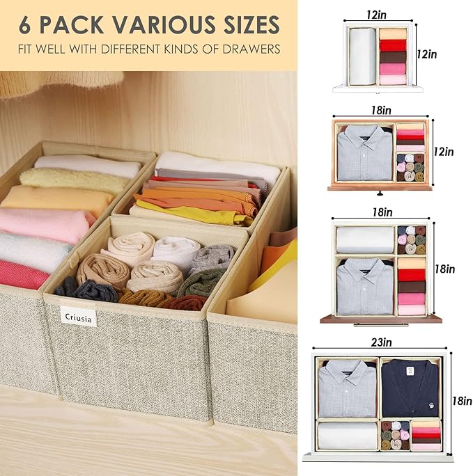 Underwear Drawer Organizer, 6 Set Foldable Underwear Drawer Organizer and Closet Dividers,Storage Box for Clothes, Socks, Underwear (6 Bins, Beige)