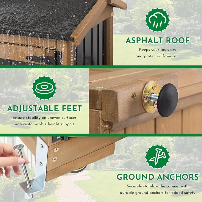 Ketive Outdoor Storage Cabinet, Wood & Metal Garden Cabinet with 3 Adjustable Shelf, Weather-Resistant Roof, Lockable Doors & Adjustable Feet for Patio, Garden, Farm (33" L x 21" W x 69" H)