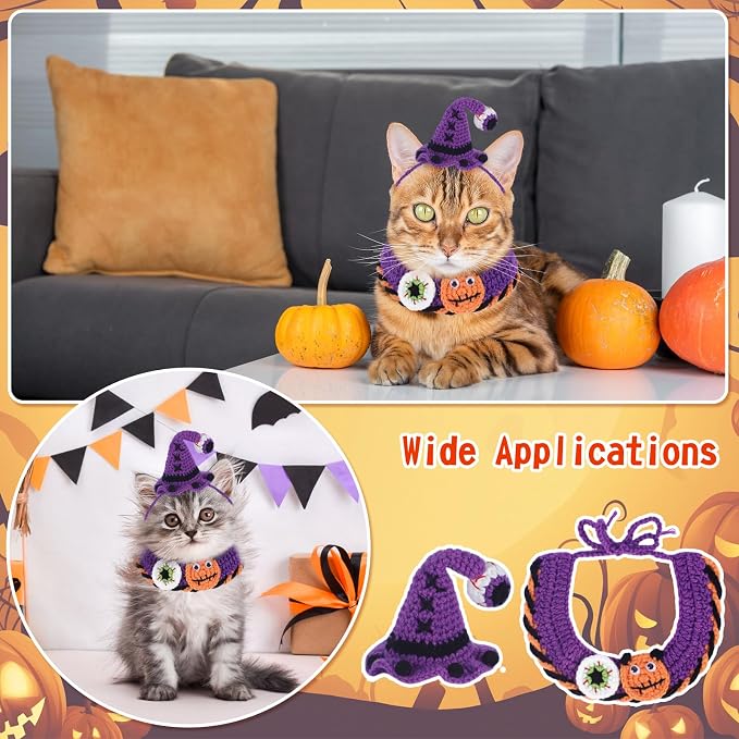 Kunyeah Halloween Pet Costume Set for Cats Small Dog Adjustable Knitted Hat Scarf Pumpkin & Witch Print Puppy Bib Cute Crochet Cat Collar Cap Pet Apparel Outfit (Purple-Eyes)