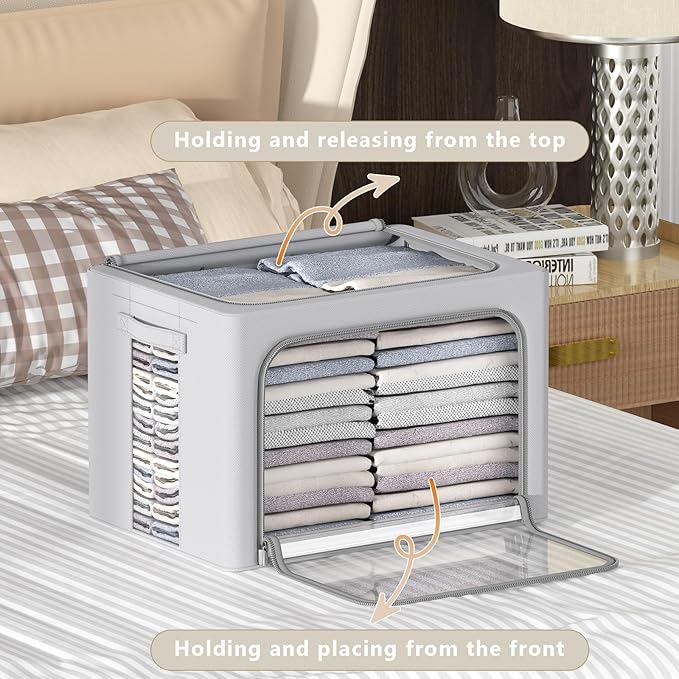 CYhom 3Pack Frame Storage Box - Clothes Storage Bin Bags Oxford Fabric Foldable Stackable Container Organizer Set with Clear Window & Carry Handles Large Capacity (Grey, Large-66L)