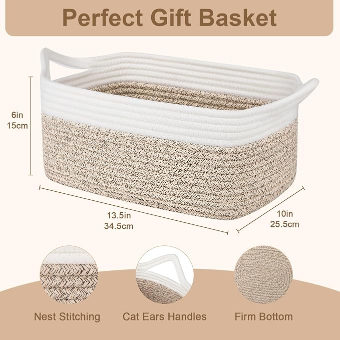 OIAHOMY Woven Basket, Gift Basket Empty with Gift Bags and Ribbons, Rope Baskets for Baby Showers, Storage Baskets with Handles for Nursery, Pet Toy Organizer - Brown & White