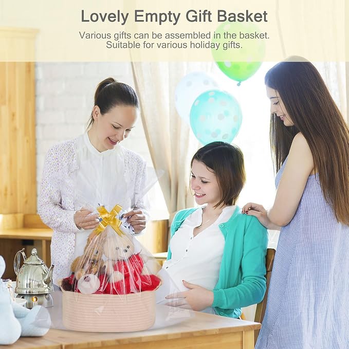 Small Empty Gift Basket with Bag & Ribbons, Beige | 12“x8”x5”, Cotton Rope Woven Basket for Birthdays, Baby Showers, Mother's Day, Christmas; Stores Small Items, Kids & Pet Toys