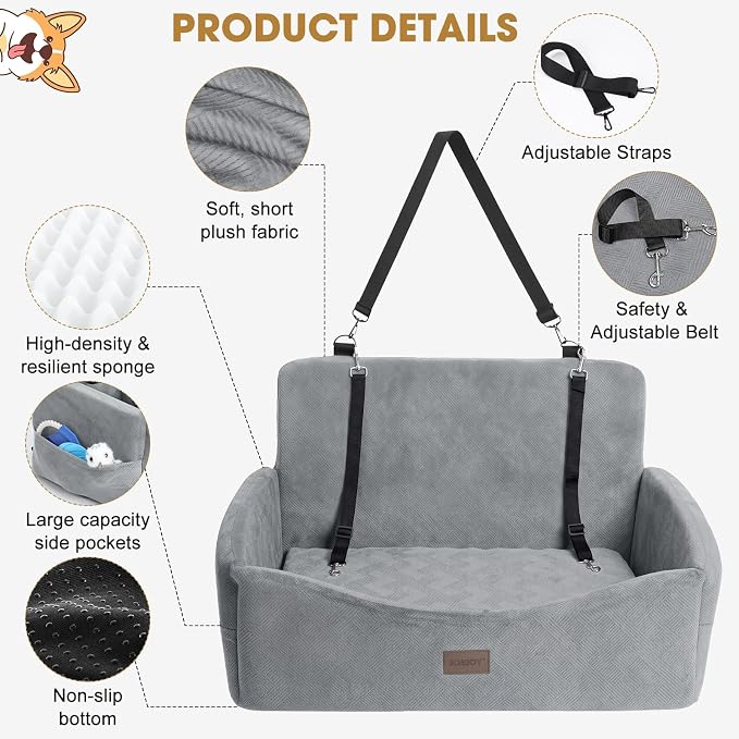 JOEJOY Dog Car Seat for Large Medium Sized Dogs Under 55 lbs, Dog Booster Seat for 2 Small Dogs with Detachable Washable Cover, Memory Foam Pet Car Seat with 2 Safety Belts and Storage Pockets