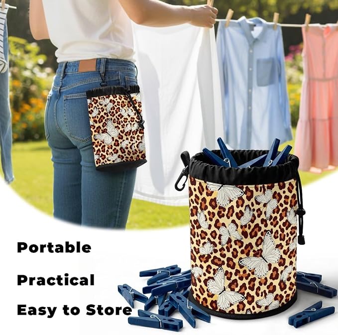 Drawstring Clothespin Organizer, Leopard Print Butterfly Portable Laundry Peg Bag with Hanging Grommet, Storage Pouch for Clips, Ideal for Drying Rack, Camping Gear, Home Use