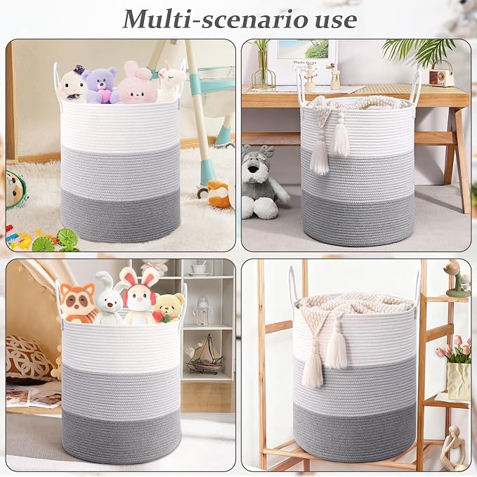Laundry Hamper for Organizing, 52L Large Laundry Baskets, Cotton Rope Woven Blanket Basket, Collapsible Laundry Hamper for Living Room, Nursery, 15"×18", Gray