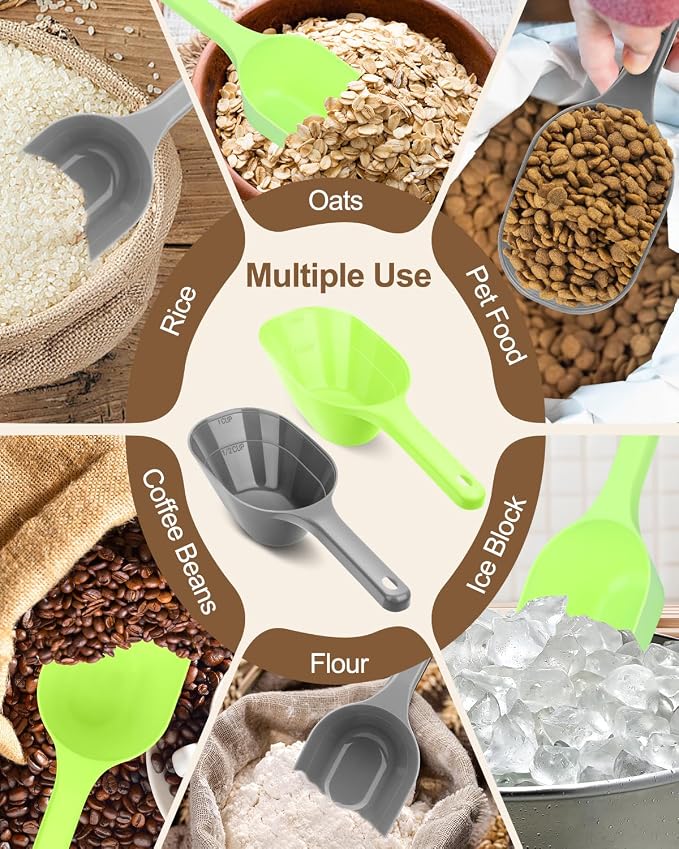 2 PACK Dog Food Scoop,1 Cup Capacity Pet Food Scoop For Dog and Cat | Grey and Green,Clear Markings for Precise Measuring 1/2 and 1 Cup Lines,Dishwasher Safe,Plastic,Portable and Sturdy