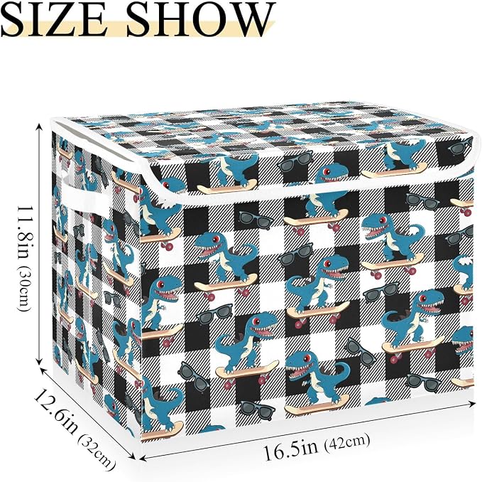 Dino Scooter Fabric Storage Bins with Lid Closet Storage Basket 40L | Decorative Storage Boxes, Dust-Proof Flip Top, Reinforced Handles, For Home & Bedroom, Clothes & Toy Box, Dino Fabric Print
