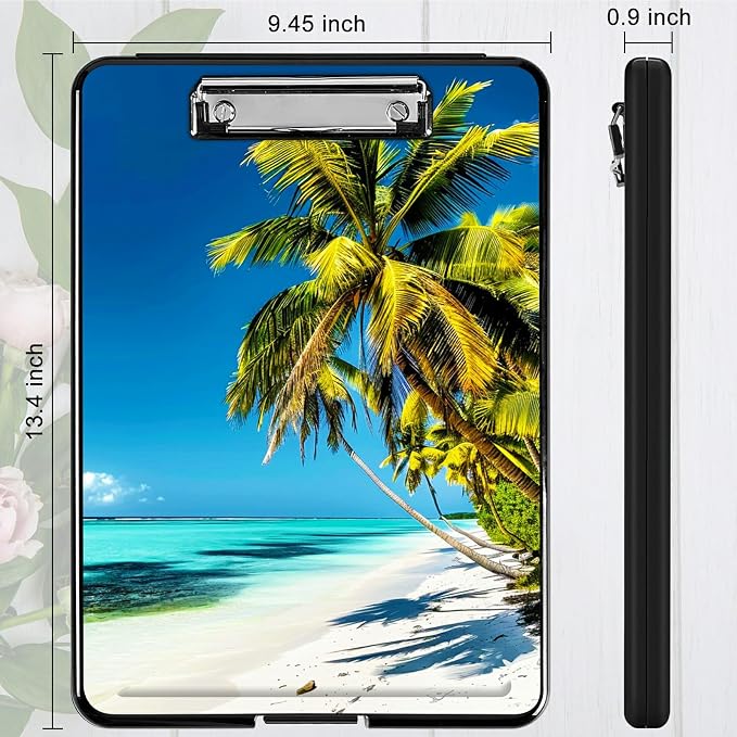 Blue Beach Palm Tree A4 Clipboard with Storage Pen Holder, Clipboards Organizer Nursing Clipboard Foldable File Folder Plastic Clipboard Folio Clip Board for Office Students Classroom