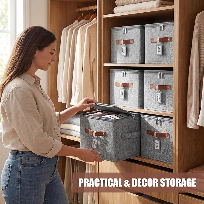 6 Pack Fabric Bins with Lids, 10 x 8 x 7 Inch Fabric Storage Bins with Zipper Lids and Labels, Decorative Foldable Storage Cubes with Handles for Closet Nursery Shelf Organization, Gray