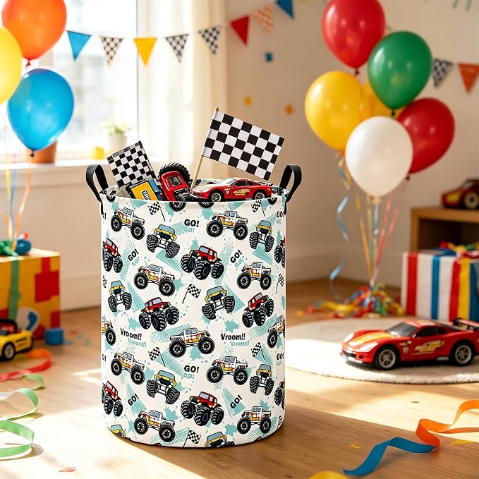 Monster Truck Fabric Storage Bin Nursery Organizer Basket | Organizer Bin Dirty Clothes Collapsible Waterproof for College Dorms, Boys and Girls Bedroom,Bathroom