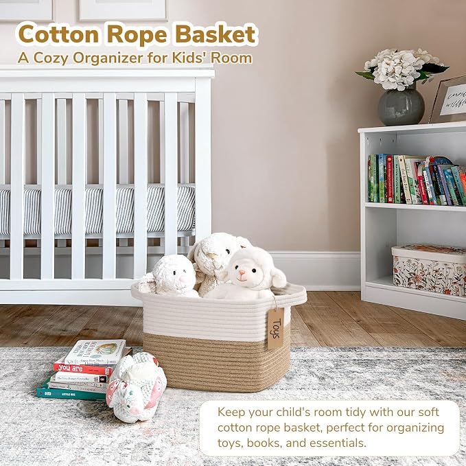 Goodpick Woven Rope Storage Basket for Shelves, Rectangle, Jute | 13" × 10" × 9" Stylish Gift Basket for Bedroom & Living Room Organization, Fits Toys & Pet Supplies Storage, Writable Label
