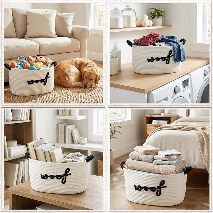Dog woven Toy Basket 14.6 x 10.6 x 8.7 Inch Woof Pet Baskets Storage Bin Box with Durable Handles, Woven Pet Basket Puppy Bins for Organizing Toys Dog Blankets and Accessories(Woof)