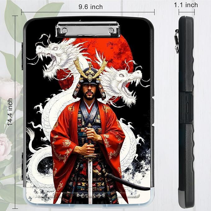 A4 Clipboard with Storage Pen Holder, Clipboards Organizer Nursing Clipboard Foldable File Folder Plastic Clipboard Folio Clip Board for Office Work Classroom Doctor, Warrior Dragon Sunset