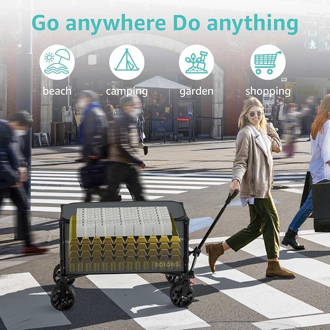 ROSONG Collapsible Wagon Cart with Wheels, Grey with Cover, 120L | Foldable, Folding Utility, Heavy Duty, For Grocery Sports Garden Shopping Camping