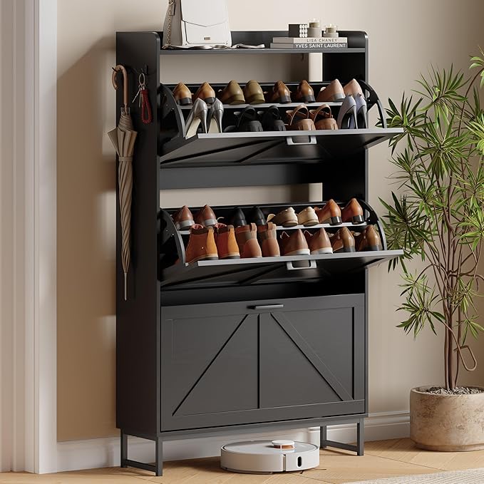 Xixini Shoe Storage Cabinet with 3 Flip Drawers, Entryway Shoe Rack, Black | Freestanding Narrow Shoe Storage, Hidden Slim Wood Shoe Organizer, Modern Farmhouse, Open Storage & Hooks for Closet, Hallway