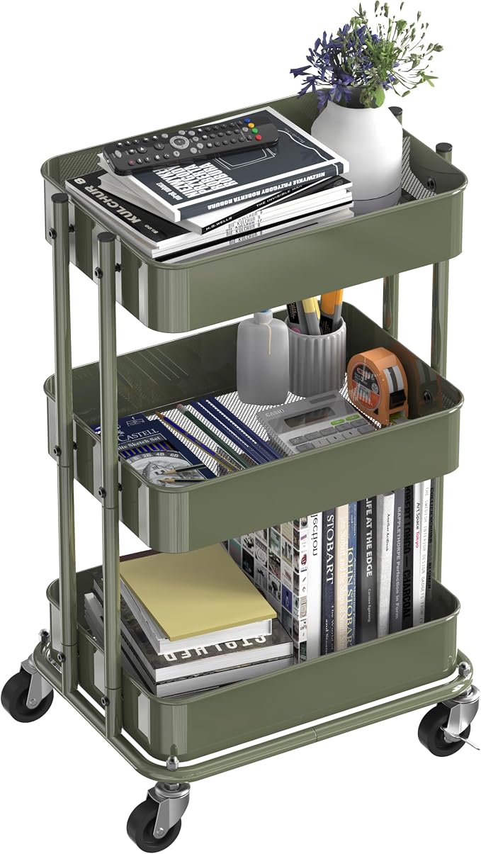 Simple Houseware 3-Tier Utility Cart, Low 24" Height Fits Under Desk, Green | Compact & Lower Height Great for Under-Desk Space-Saving Storage for Home Office, Dining Room, or Kitchen
