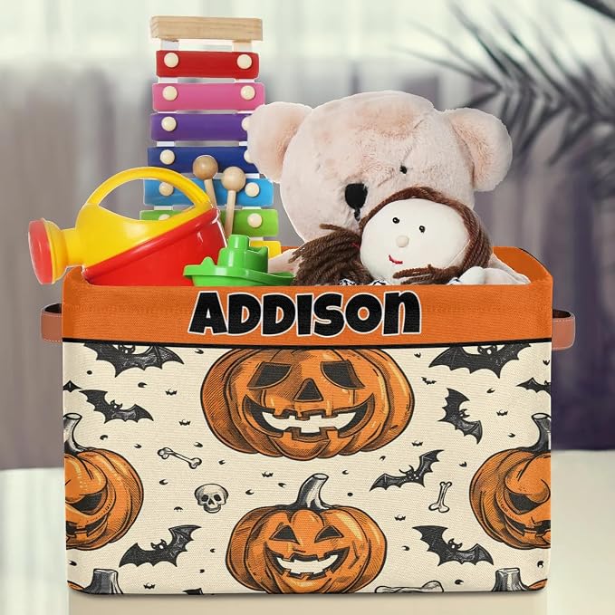 Custom Name Storage Basket Happy Halloween Pumpkin Bat Storage Box Bins Organizing Kids Pets Toys Closet Shelf Clothes Books