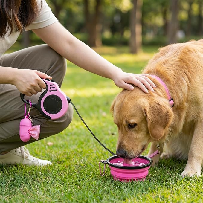 PETIMP Retractable Dog Leash Lightweight 16FT Leash Set | with Folding Bowl, Dispenser, Waste Bags, for Small Medium Dogs (Pink)