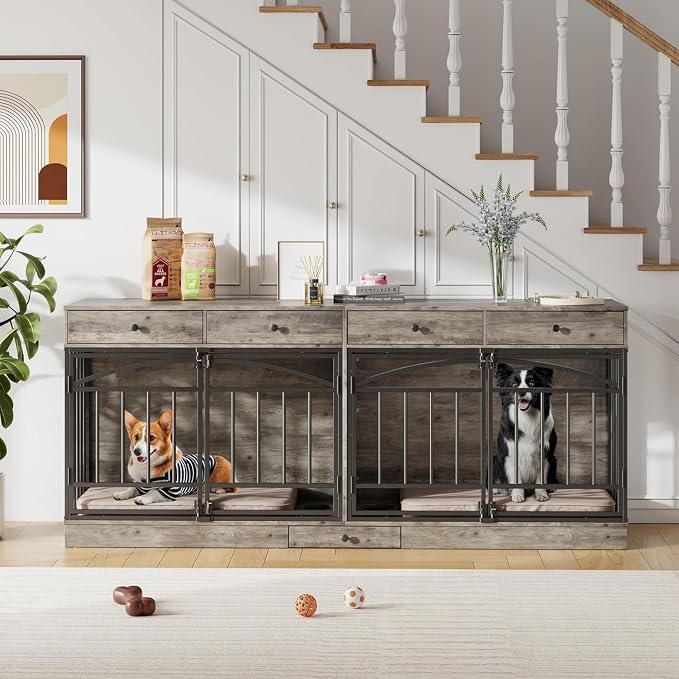 Dog Crate Furniture for 2 Dogs, Double Dog Crate TV Stand, Gray | 78.7'' Large Dog Kennel Indoor, 4 Storage Drawers and Feeding Bowls, Pet Kennel for Small and Medium Dogs