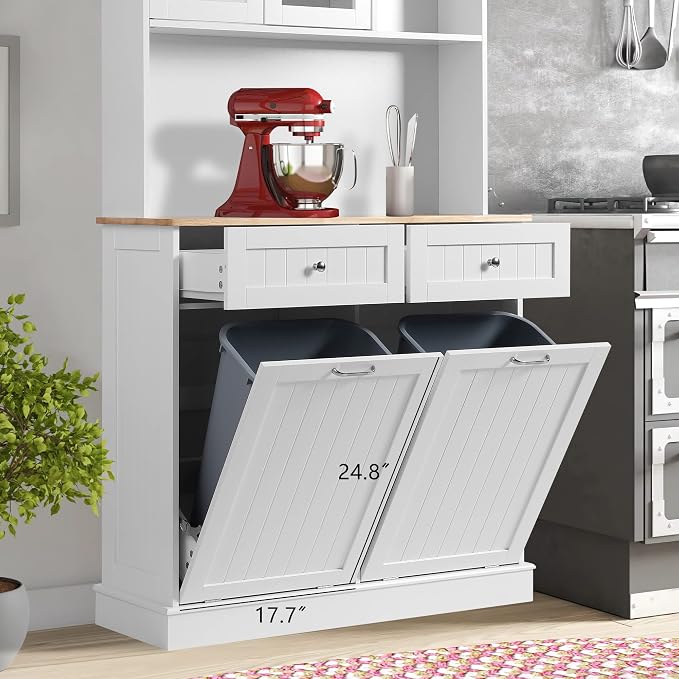 LOUVIXA 68.4" Kitchen Pantry Storage Cabinet, Freestanding Cupboard with Shelf, 2 Drawers and 1 Tilt Out Trash Cabinet, Tall Cabinets for Kitchen, Dinning Room, Living Room (White, Double Tilt)