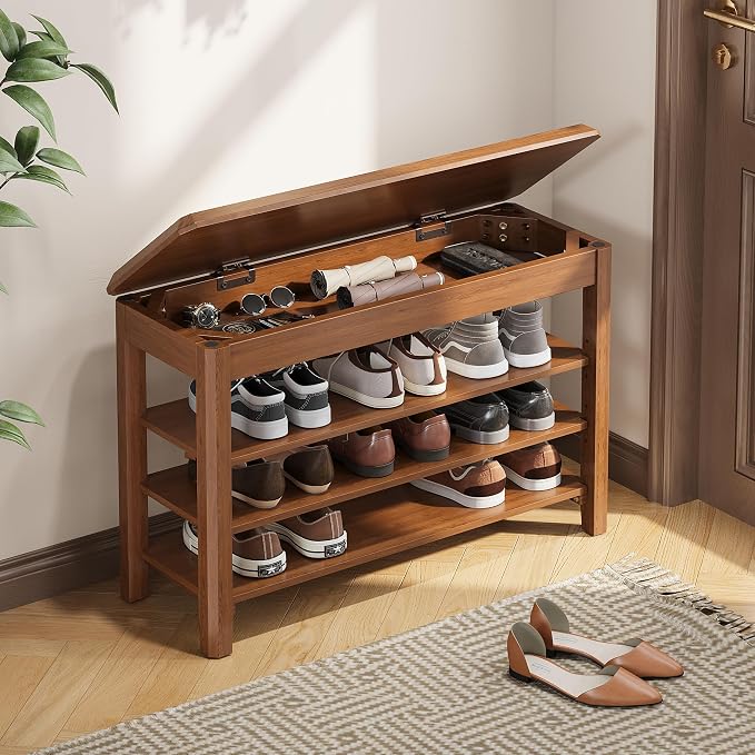 IUNVR Shoe Rack Bench Seat Rubberwood 3-Tier Wooden Storage Bench 550lbs Compact Mid-Century Modern Design for Entryway, Hallway, Closet, Front Door Entrance, Foyer