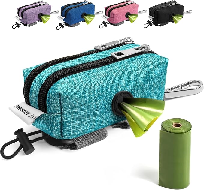 Dog Poop Bag Holder for Leashes and Treat Holder with 2 Waterproof Pouches | Poop Bag Dispenser for Pet Waste Bags and Walking Accessories + 1 Free Roll