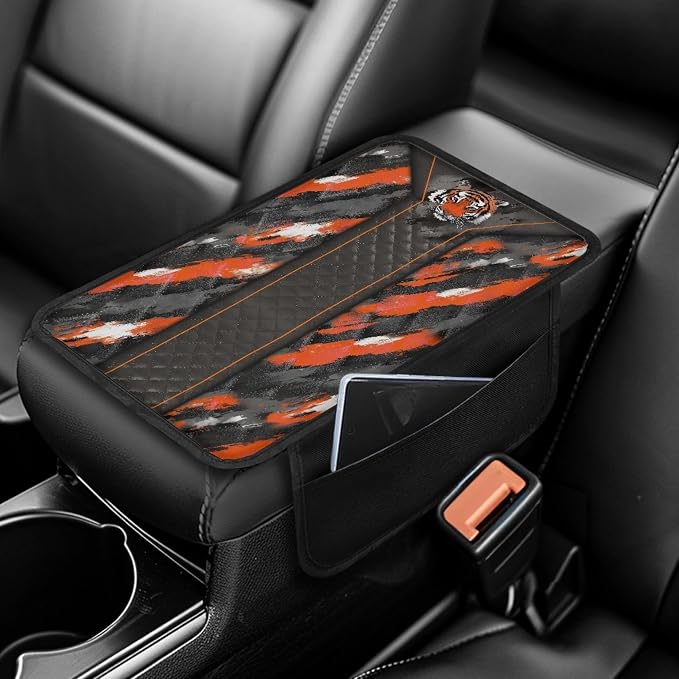 Howilath Center Console Armrest Cover, Soft Cushion with Pockets | Tiger Print Stretch-on Elastic Band, No Tools, Protects From Spills and Scratches, Fits Sedan/Truck
