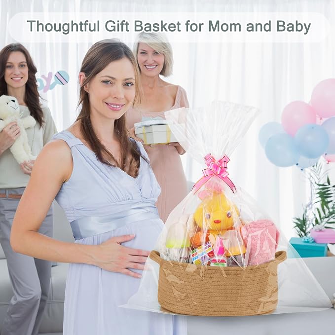COMSE Empty Small Gift Basket with Bag & Ribbons, Camel | Cotton Rope, 12"x 8"x 5", Baby Toy Organizer, Stores Small Items for Bedrooms, Nurseries, Bathrooms, Living Rooms, Offices