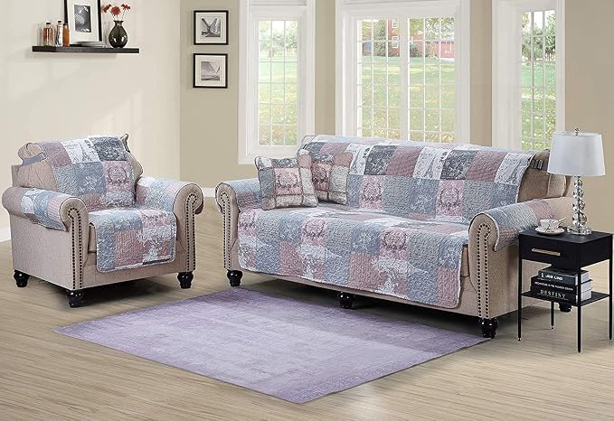Brilliant Sunshine Latte Grey Paris & Toile Patchwork Couch Cover, 70" seat | Quilted Sofa Cover, Living Room & Bedroom Furniture Protector, Large Washable Slipcover for Pets, Dogs & Cats