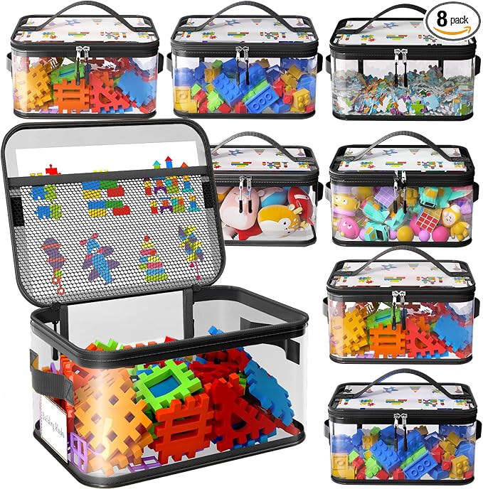 8 Pcs Large Clear Toy Storage Bags with Labels, Handles, Zippers XXL | Large Capacity, Transparent PVC, Waterproof Dustproof, Space-saving, Portability for Building Blocks, Puzzle, Dolls, Travel