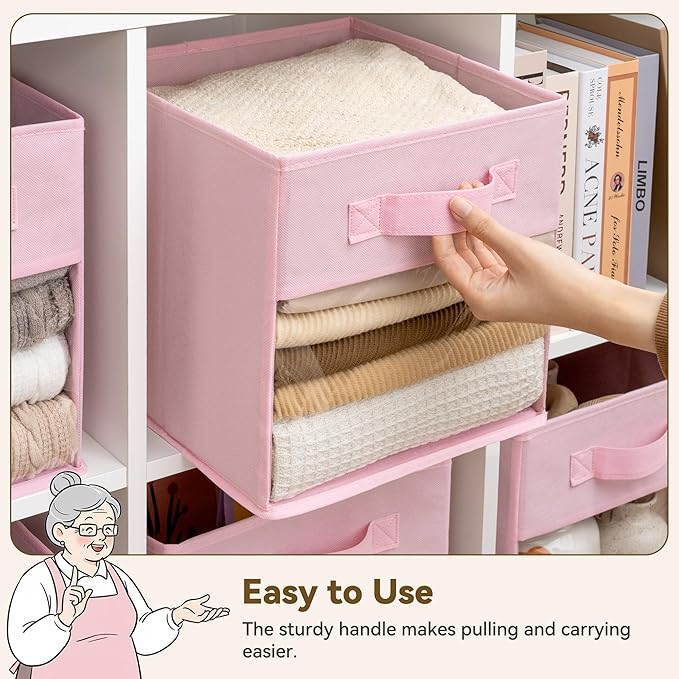 GRANNY SAYS 11 Inch Cube Storage Bins with Clear Window, Pink, 6-Pack | Collapsible, with Thickened Base Plate, Sturdy Handles, Decorative Baskets for Shelves, Closet, Organizing Toys, Clothes