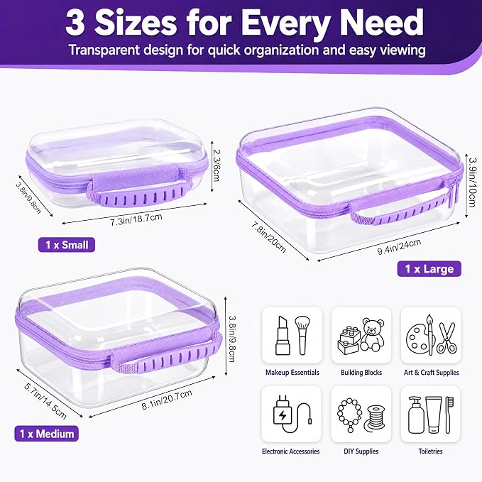 Clear Hard Shell Zipper Case 3PCS Set, 1.2mm PET Travel Organizer | Deep waterproof stackable storage pouches with handle. Heavy duty clear zipper bags for travel, makeup, toys and snacks
