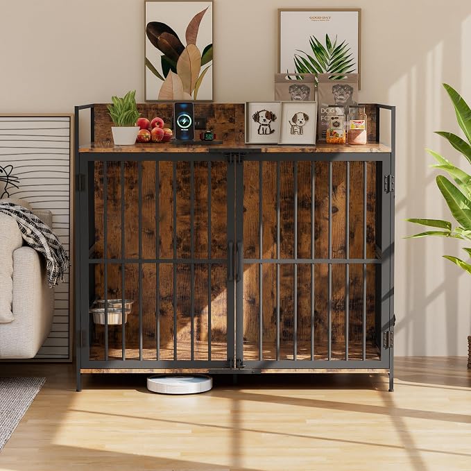 XL Dog Crate Furniture, 48" Large Wooden Dog Cage House with Adjustable Dog Bowls, Indoor Decorative Dog Kennel with Double Doors, Charging Station, Brown (48" L x 29.9" W x 42.9" H)