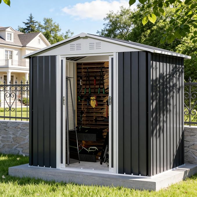 Outdoor Sheds 6FT x 4FT Outdoor Storage, Metal Anti-Corrosion Utility Tool House with Lockable Door & Shutter Vents，Outdoor Waterproof Garden Tool Metal Storage Sheds