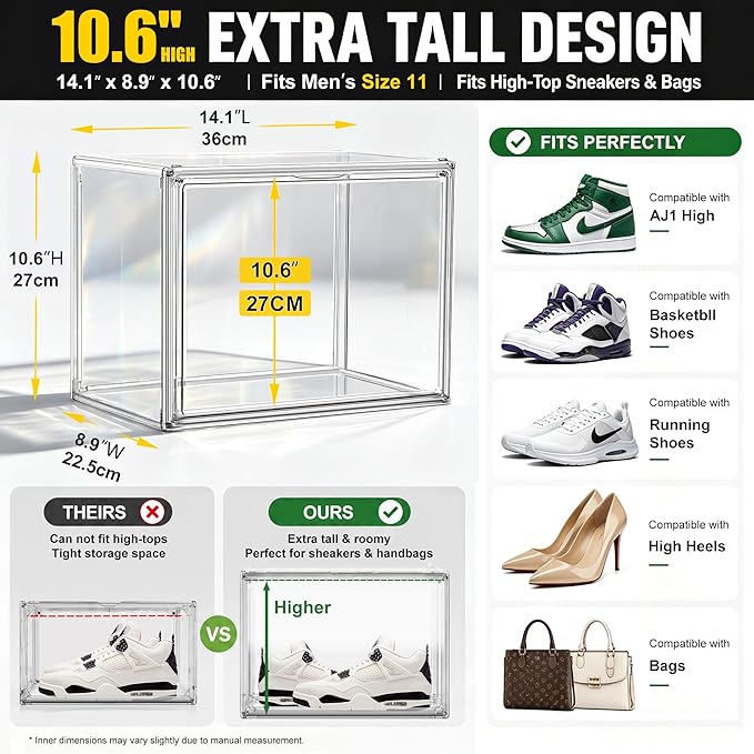 10 Pack Clear High-Top Sneaker Storage Box, Acrylic Shoe Organizer | Extra height 10.6'' for high-top sneakers & athletic footwear Size 11. Stackable display design keeps collections organized