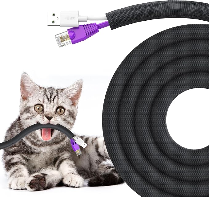 UOMTFAI Dog and Cat Cord Protector 10ft - 3/8inch, Flexible Cable Sleeve for Easy Cord Management, Protects Cables from Pets Chewing, Ideal for USB, Power, Audio and Video Cords - Black