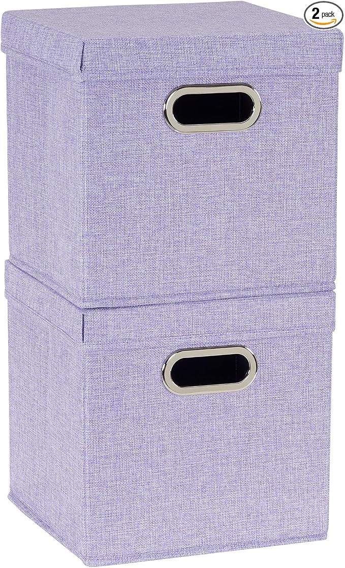 Household Essentials 814-1 Café Cube Bin Storage Set with Lids and Handles | 2 Pack, Purple Linen