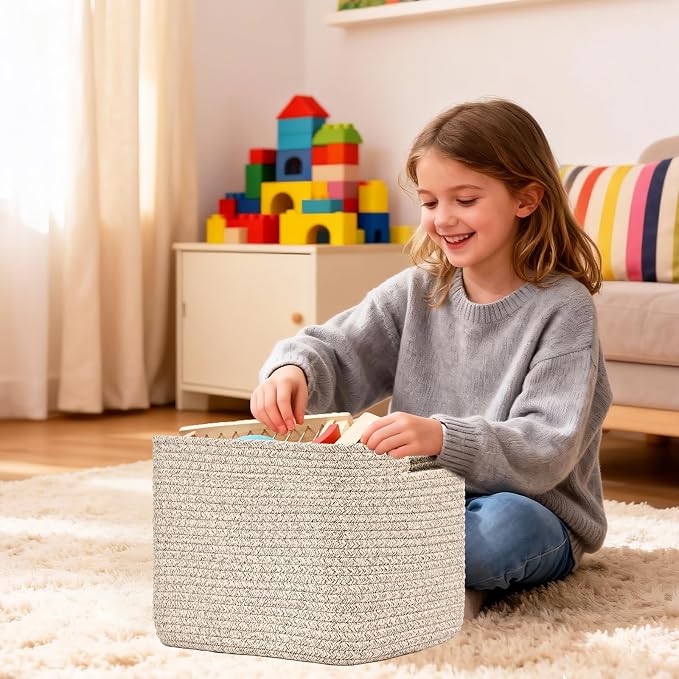 3 Pack Cube Storage Bin, 12”x12”x10” Cotton Rope Woven Baskets for Organizing Toys Clothes Towels, Square Gift Storage Baskets for Shelves, Nursery, Closet, Bathroom, Pantry (Jute)