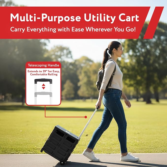 dbest Products Quik Cart Pro Collapsible Rolling Crate on Wheels - Black | Roll Up to 120 lbs Capacity, Heavy Duty Plastic Construction, Telescoping Handle, Folding Utility Cart
