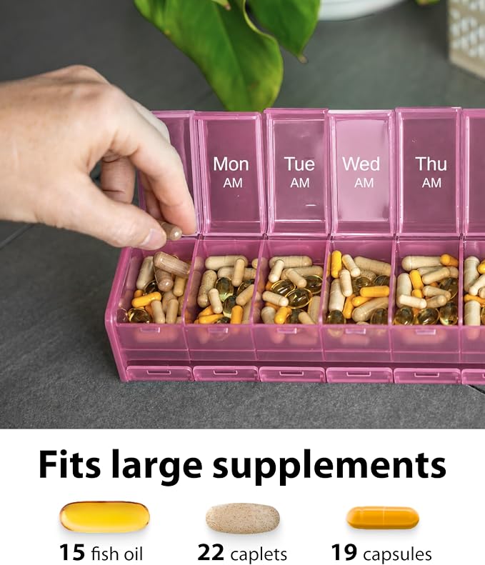 Extra Large Pill Organizer - XXL Vitamin Holder for Weekly Supplements - Double Sided Pill Box 7 Day with Big AM PM Compartments Huge Daily Medicine Dispenser 2 Times a Day Reliable and Easy-to-Use
