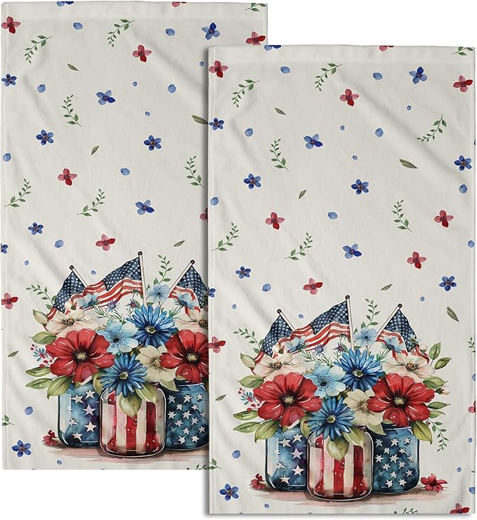Giwawa American Patriotic Floral Hand Towels for Bathroom Red Flower Vase Decorative Kitchen Towel Memorial Day Soft Fingertip Dish Guest Towels