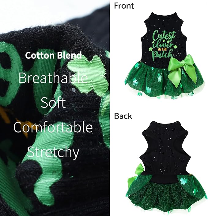 Fitwarm Cutest Clover in the Patch Dog Dress, St Patricks Day Dog Clothes for Small Dogs Girl, Funny Pet Cat Puppy Holiday Outfit, Black, Emerald Green, XXS