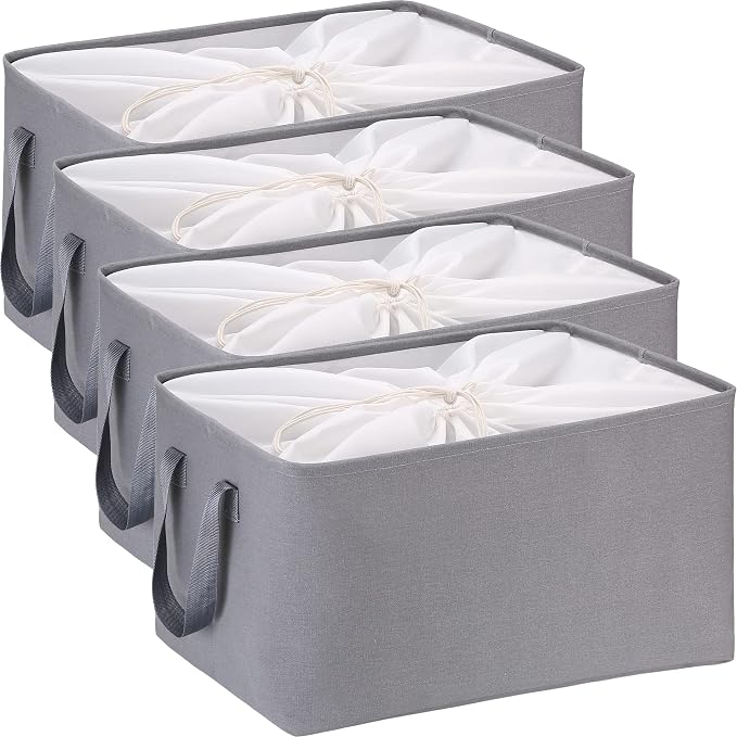 Hinwo 102L XXL Canvas Storage Bin with Lid and Handles, 4-Pack | Collapsible Fabric Baskets, Closet Shelf Organizers, Containers for Clothing, Blankets, Toys, Bedding (Gray)