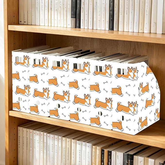 Emelivor Cute Pets Dogs White Pattern Magazine Holder Set of 3 Desk File Organizer Water-resistant Vertical Folder Holder with Labels for Office Organization File Box for Classroom Home Library