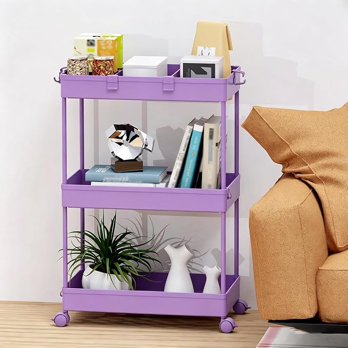 Slim Storage Cart 3 Tier,Bathroom Organizer Rolling Utility,Mobile Shelving Unit Slide Out for Office, Kitchen, Laundry Room & Narrow Places,Purple