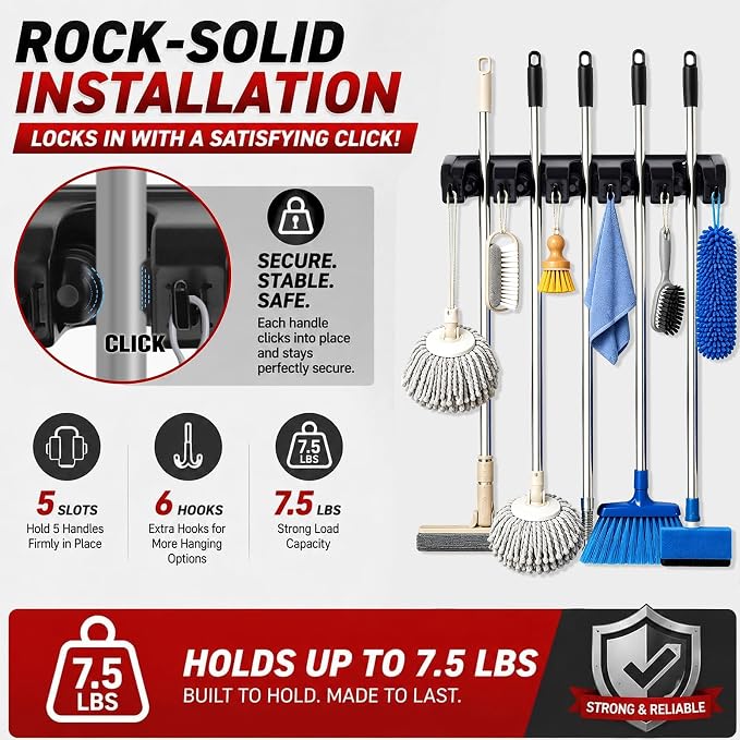 HYRIXDIRECT Broom Hanger Wall Mount, Broom Mop Organizer for Garage | 5 slots, 6 hooks, 7.5 lbs/slot, heavy-duty, space-saving, fits long-handled tools, mops, rakes, shovels, garage, shed