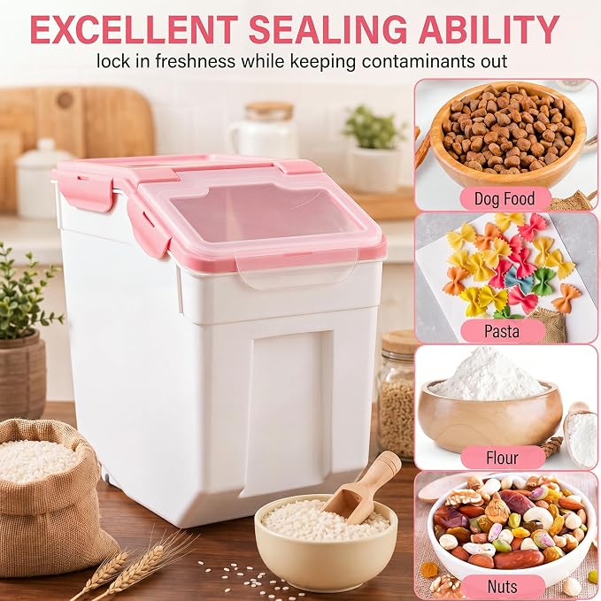 Sunnyray 4 Pcs 55 Lbs Flour Storage Container Bin,Rice Storage Containers with Wheels Seal Locking Lid, BPA Free with Measuring Cup Scoop for Rice Grain Pet Food Flour (Pink)
