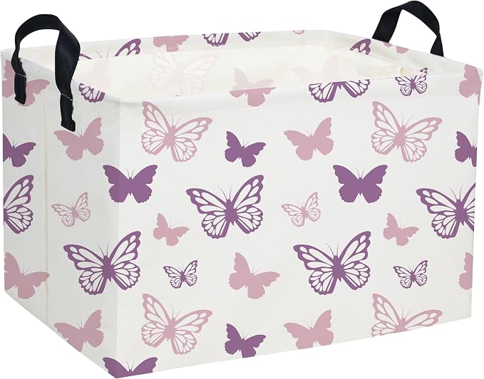 Essme Rectangular Butterfly Baskets,Kids Storage Basket with Handles for Girls Room Decor, Girls Storage Bin（Purple Butterfly）